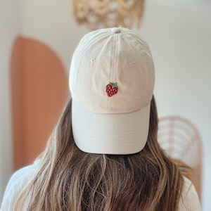 Strawberry Embroidered Hat | Off White Hat | Cream Hat | Hand-Embroidered Dad Hat | Baseball Cap | Embroidered Strawberry | Hand Embroidery