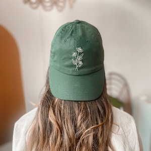 Floral Embroidered Hat Forest Green Hat Hand Embroidered Dad Hat Daisy Hat Gift for Women Birthday Gift Embroider Hat Flower Green