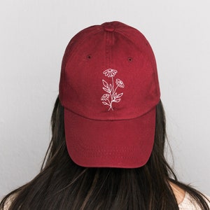 Floral Embroidered Hat Forest Green Hat Hand Embroidered Dad Hat Daisy Hat Gift for Women Birthday Gift Embroider Hat Flower Burgundy