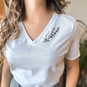 Lavender Embroidered T-Shirt | Floral Embroidery TShirt | Hand Embroidery | Handmade Shirt | Minimalist Style | Flower Stitched Tshirt