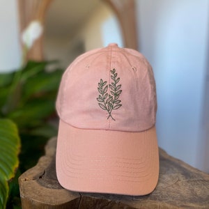 Leaves Embroidered Hat | Pink Hat | Hand-Embroidered Dad Hat | Leaf Design Hat | Embroidered Leaves | Hand Embroidery