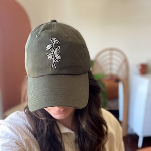 Floral Embroidered Hat | Olive Green | Hand-Embroidered Dad Hat | Daisy Hat | Embroidered Flowers | Hand Embroidery