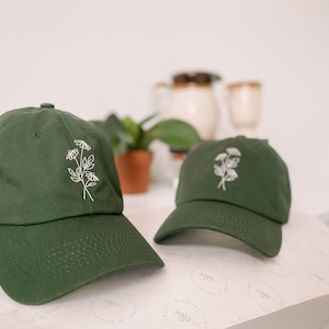 Floral Embroidered Hat Forest Green Hat Hand Embroidered Dad Hat Daisy Hat Gift for Women Birthday Gift Embroider Hat Flower image 3