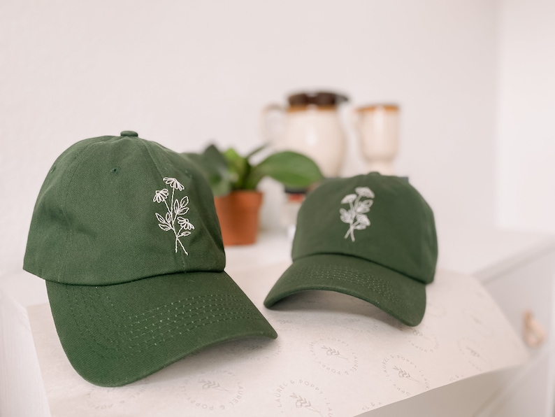 Floral Embroidered Hat Forest Green Hat Hand Embroidered Dad Hat Daisy Hat Gift for Women Birthday Gift Embroider Hat Flower image 3