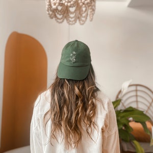 Floral Embroidered Hat Forest Green Hat Hand Embroidered Dad Hat Daisy Hat Gift for Women Birthday Gift Embroider Hat Flower image 4