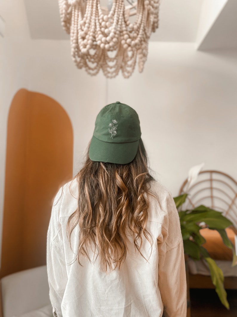 Floral Embroidered Hat Forest Green Hat Hand Embroidered Dad Hat Daisy Hat Gift for Women Birthday Gift Embroider Hat Flower image 4