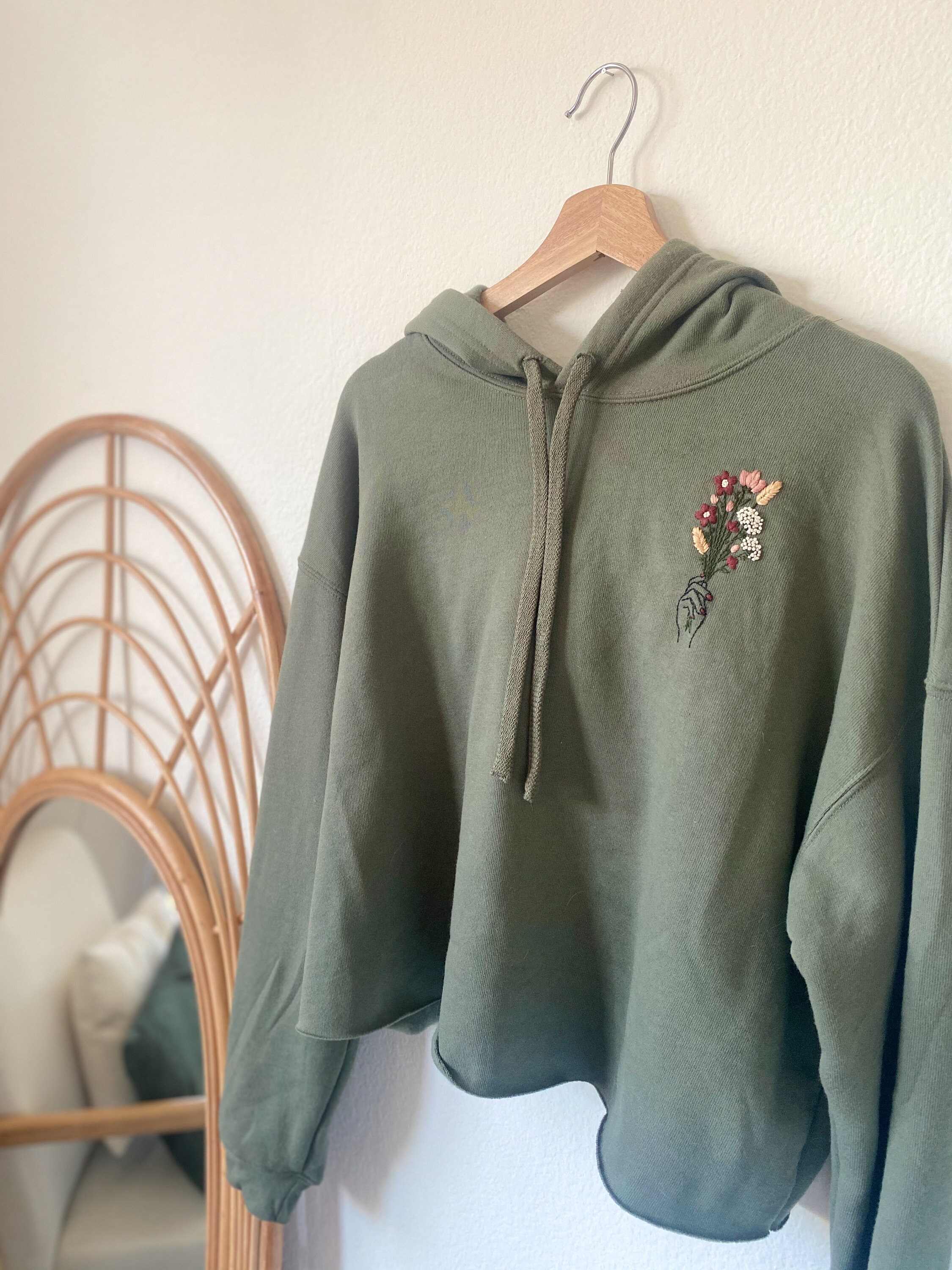 Floral Embroidered Hoodie Sweatshirt | Olive Green | Hand