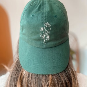 Floral Embroidered Hat Forest Green Hat Hand Embroidered Dad Hat Daisy Hat Gift for Women Birthday Gift Embroider Hat Flower image 2