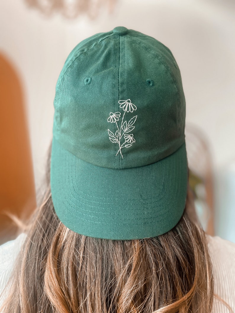 Floral Embroidered Hat Forest Green Hat Hand Embroidered Dad Hat Daisy Hat Gift for Women Birthday Gift Embroider Hat Flower image 2