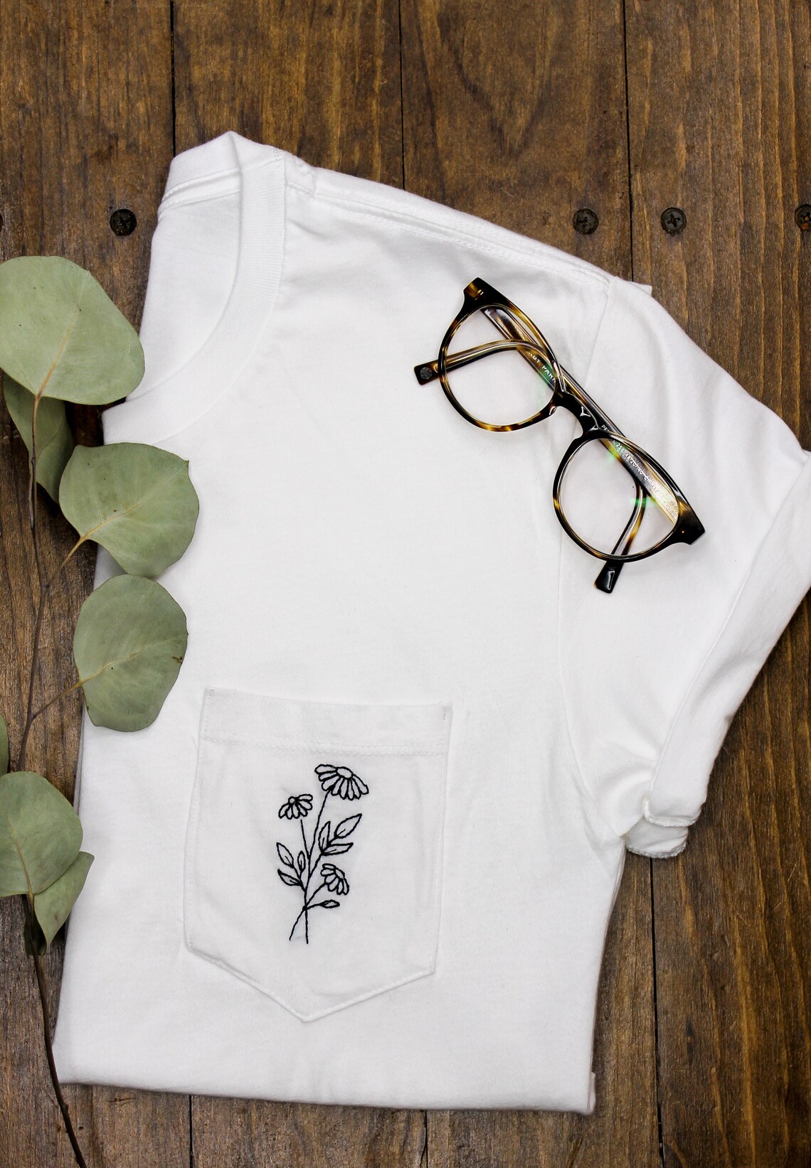 Floral Embroidered Pocket TShirt Hand Embroidery Handmade Etsy