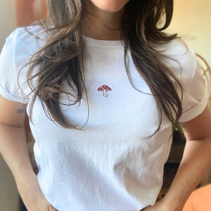 Mushroom Embroidered T-Shirt | Hand Embroidery | Mushroom Embroidery Shirt | Minimalist Style | Gift for Women & Girls