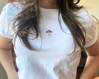 Mushroom Embroidered T-Shirt | Hand Embroidery | Mushroom Embroidery Shirt | Minimalist Style | Gift for Women & Girls