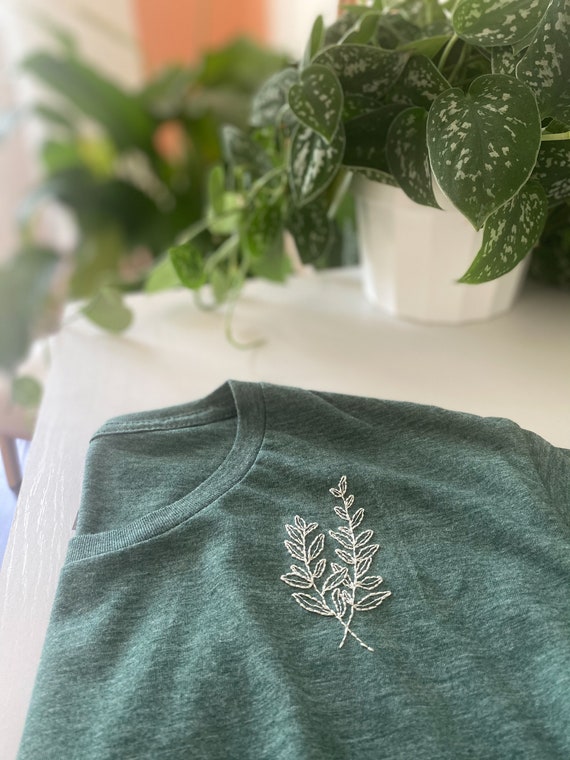 Embroidered Leaves Crop Top T-shirt | Pine Green | Hand Embroidered Leaves Crop Top T-shirt | Pine Green | Hand