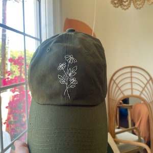 Floral Embroidered Hat Forest Green Hat Hand Embroidered Dad Hat Daisy Hat Gift for Women Birthday Gift Embroider Hat Flower Olive Green