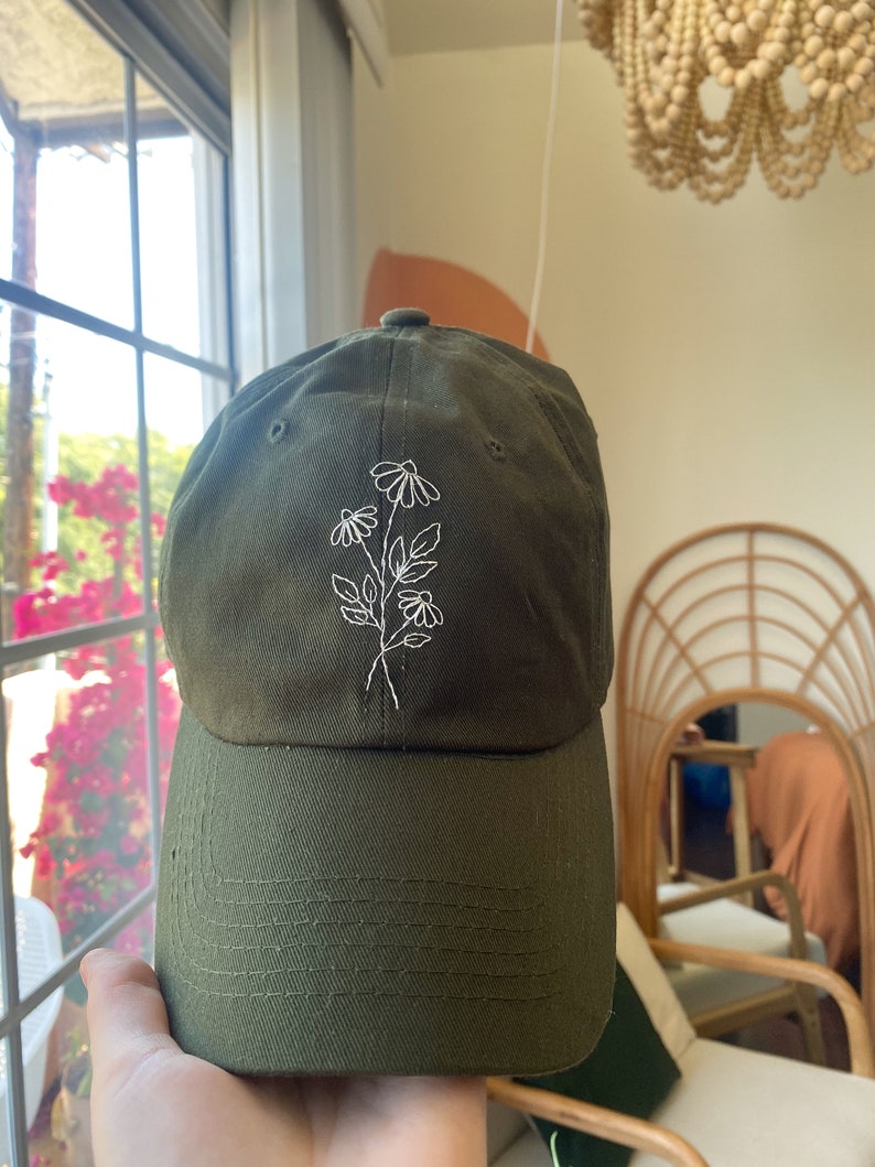 Floral Embroidered Hat Forest Green Hat Hand Embroidered Dad Hat Daisy Hat Gift for Women Birthday Gift Embroider Hat Flower Olive Green