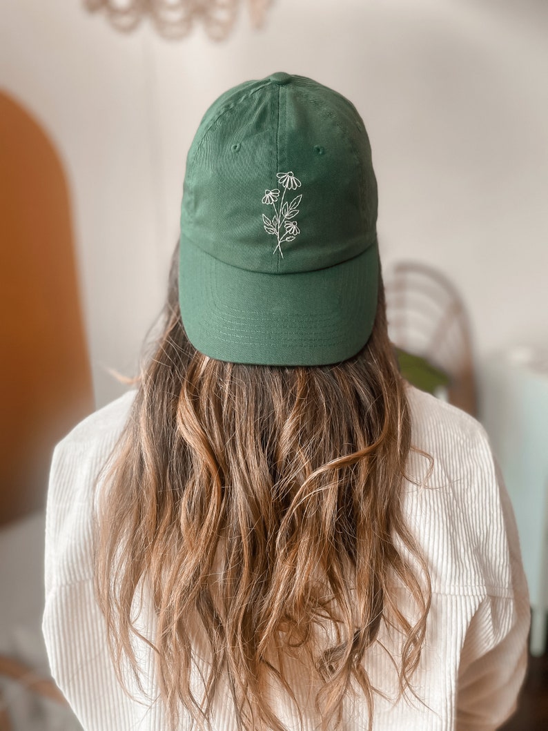 Floral Embroidered Hat Forest Green Hat Hand Embroidered Dad Hat Daisy Hat Gift for Women Birthday Gift Embroider Hat Flower Green