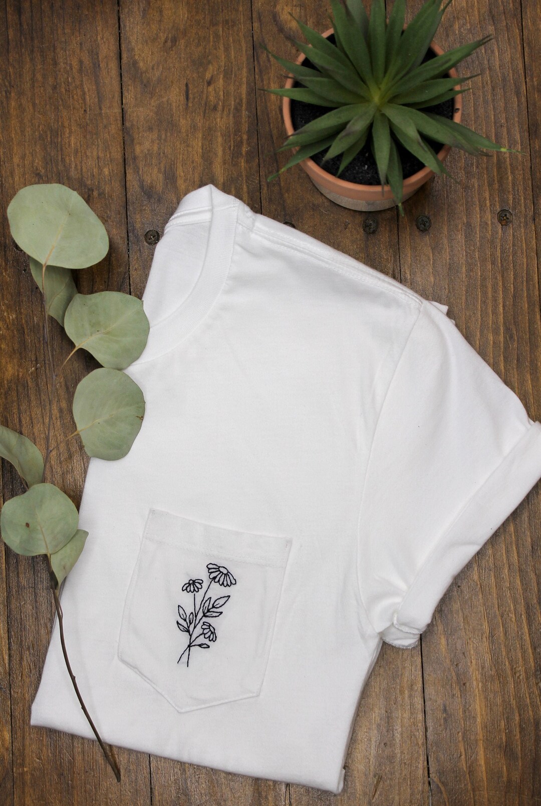 Floral Embroidered Pocket Tshirt White Embroidered Tshirt Hand Embroidery Handmade Shirt