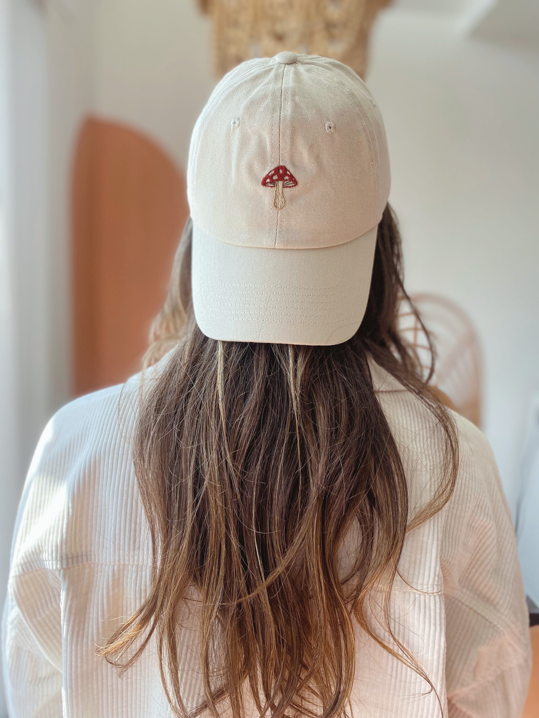 Mushroom Embroidered Hat | Off White Hat | Cream Hat | Hand-Embroidered Dad Hat | Mushroom Ball Cap | Embroidered Mushroom | Hand Embroidery