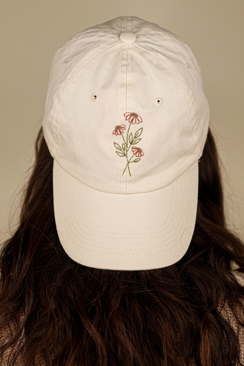 Floral Embroidered Hat Forest Green Hat Hand Embroidered Dad Hat Daisy Hat Gift for Women Birthday Gift Embroider Hat Flower White