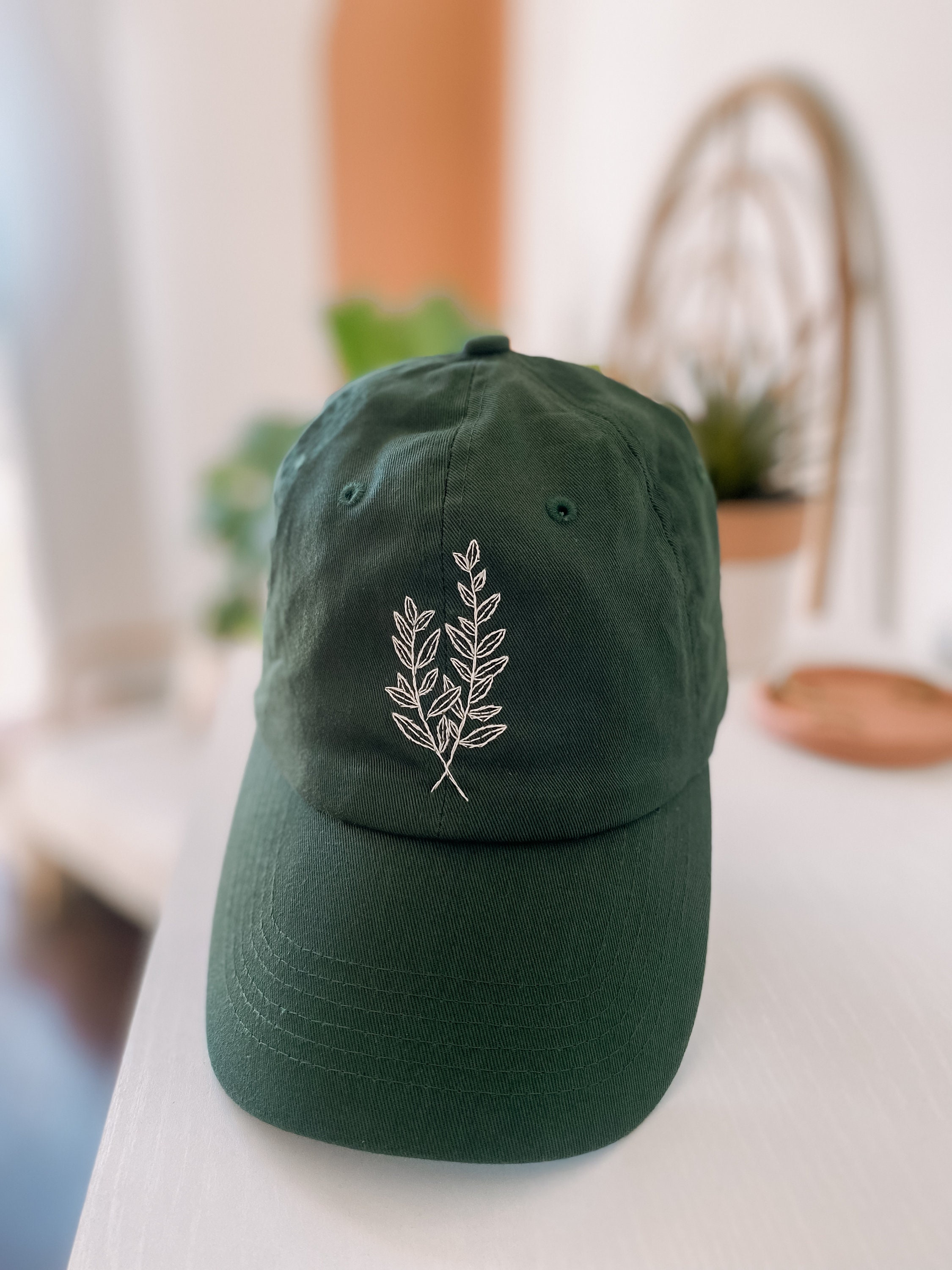 Hand-embroidered Leaves Dad Hat | Forest Green Cap - Etsy display picture 3