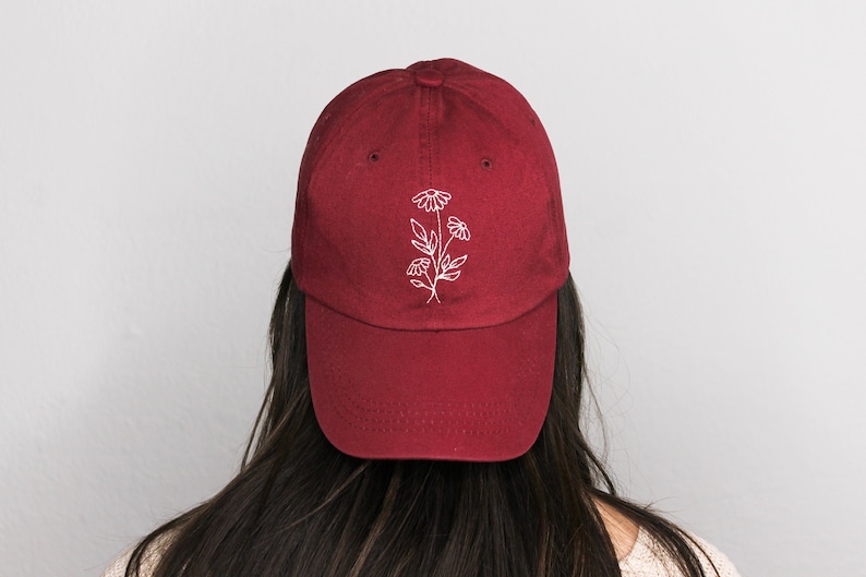 Floral Embroidered Hat Forest Green Hat Hand Embroidered Dad Hat Daisy Hat Gift for Women Birthday Gift Embroider Hat Flower Burgundy