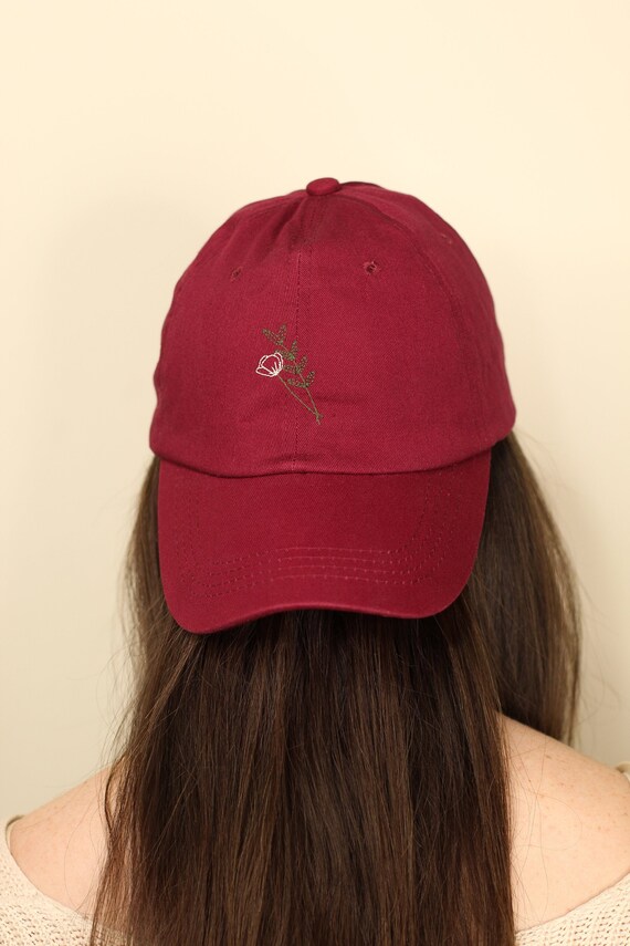 Flower Embroidered Burgundy Dad Hat | Floral Baseball Cap - Etsy display picture 2