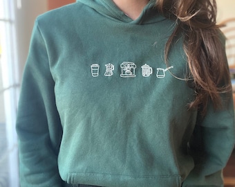 Coffee Brewing Methods Embroidered Hoodie | Green | Unisex Hoodie | Forest Green | Hand Embroidery | Coffee Embroidery Sweatshirt