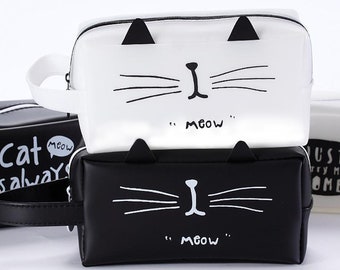 Cat Pencil Case Silica Gel Bag for Students School Supplies Stationery Gift School, Black, White