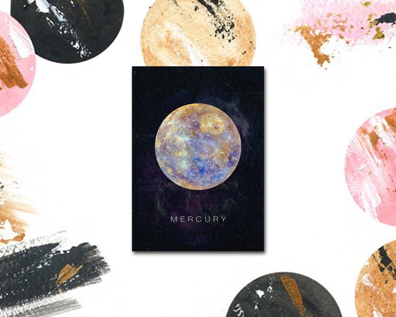 Mercury Planet Watercolor Galaxy Universe Space Orbiting Stars Solar System Personalized Greeting Cards
