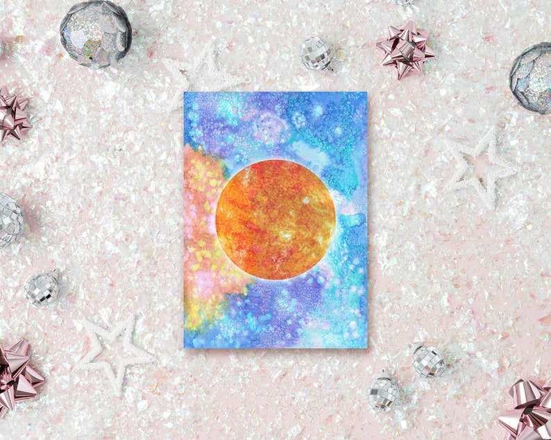 Sun Planet Watercolor Galaxy Universe Space Orbiting Stars Solar System Personalized Greeting Cards image 1