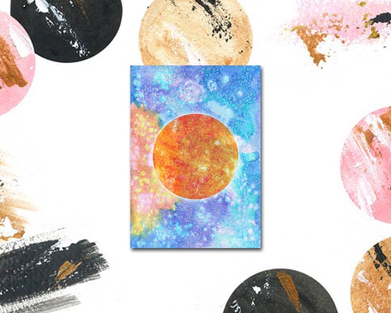 Sun Planet Watercolor Galaxy Universe Space Orbiting Stars Solar System Personalized Greeting Cards image 2