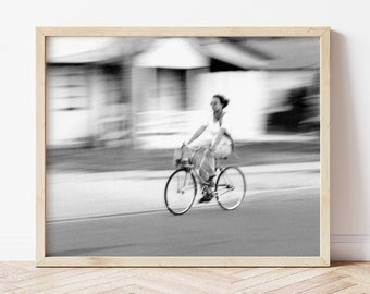 Fine Art Photographic Print, Black & White Street Photography, Woman on Bike, B+W Wall Art, Film Cameras || 'Helen on Wheels'