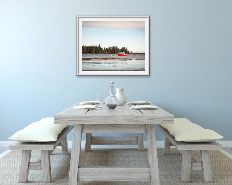 Coastal Maine Lobster Fishing Boat Photo Baby Blue Sky Print New England Atlantic Ocean Red Boat Dining Room Wall Art Daystar at Owls Head