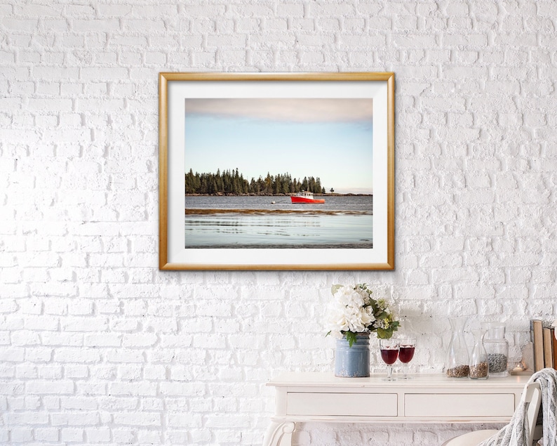 Coastal Maine Lobster Fishing Boat Photo Baby Blue Sky Print New England Atlantic Ocean Red Boat Dining Room Wall Art Daystar at Owls Head