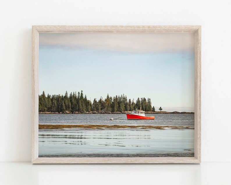 Coastal Maine Lobster Fishing Boat Photo Baby Blue Sky Print New England Atlantic Ocean Red Boat Dining Room Wall Art Daystar at Owls Head