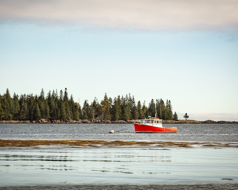Coastal Maine Lobster Fishing Boat Photo Baby Blue Sky Print New England Atlantic Ocean Red Boat Dining Room Wall Art Daystar at Owls Head