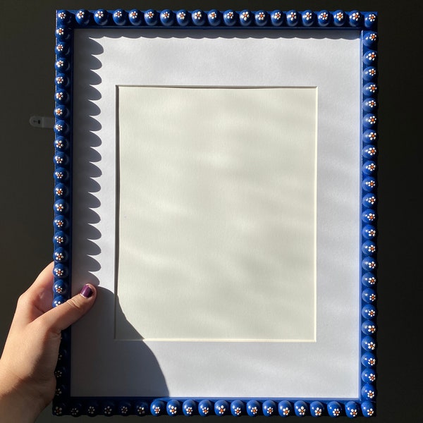 Hand Painted Navy Blue Bobbin Picture Frame with Daisies | Made to Order