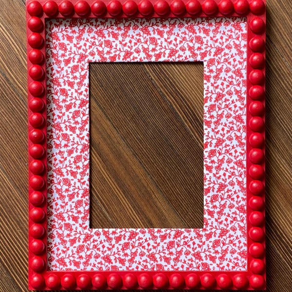 Hand Painted Red Bobbin Picture Frame with Fabric-Wrapped Matboard