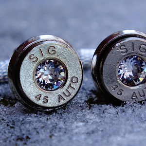 45 ACP silver tone bullet cufflinks clear crystal swarovski