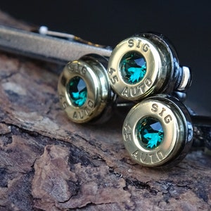 Bullet cufflinks/Tie clip two tone 45 ACP Emerald