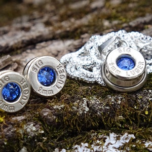 Bullet Necklace pendant & earring set 9mm sapphire