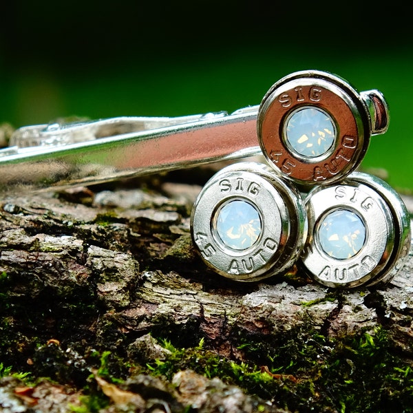 Bullet cufflinks & tie clip set opal