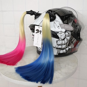 Cosplay Wig Helmet Pigtails Motorcycle Bicycle Helmet Ponytails Synthetic Hair Accessory Reusable Suction Cup Design 2PCS 14in Pink Blue