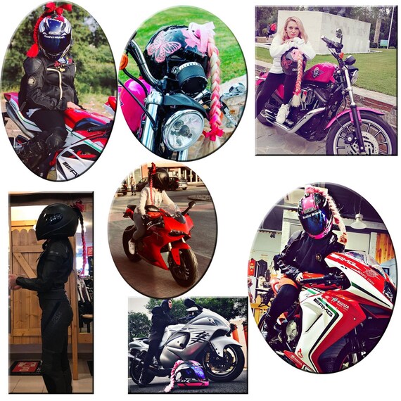 motorcycle helmet with pink pigtails