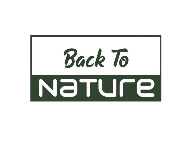 May include: A rectangular logo with the words "Back To Nature" in white and dark green. The words "Back To" are in a script font, and "Nature" is in a sans-serif font. The logo is on a white background.
