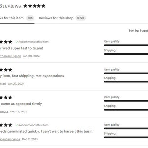 May include: Screenshot of a product review page with 9,728 reviews. The page shows four customer reviews with five-star ratings and positive comments about the product. The reviews highlight the fast shipping, quality of the product, and timely delivery. The page also includes a rating system for item quality and shipping, both of which are rated 5.0 stars.