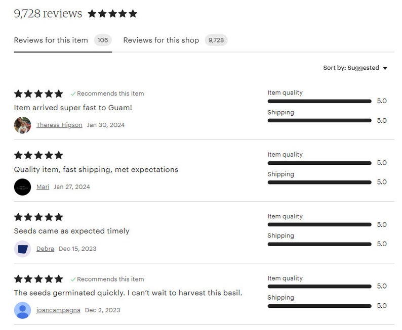 May include: Screenshot of a product review page with 9,728 reviews. The page shows four customer reviews with five-star ratings and positive comments about the product. The reviews highlight the fast shipping, quality of the product, and timely delivery. The page also includes a rating system for item quality and shipping, both of which are rated 5.0 stars.