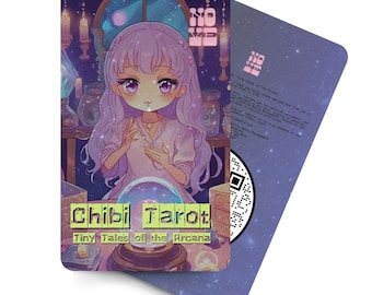 May include: A purple-haired girl with large eyes gazes into a crystal ball. The image is set in a room with candles and other magical items. The text "Chibi Tarot: Tiny Tales of the Arcana" is at the bottom of the image.