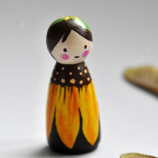 Holzpüppchen Sonnenblume • Peg Doll • Jahreszeitendekoration • Miniatur • Holzspielzeug • Unikat • handgemalt • Waldorf • kleines Geschenk