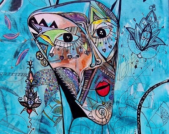 May include: An abstract painting depicting a face with large eyes and red lips. The face is surrounded by geometric shapes and floral designs in shades of blue, green, and black. The background is a vibrant turquoise.